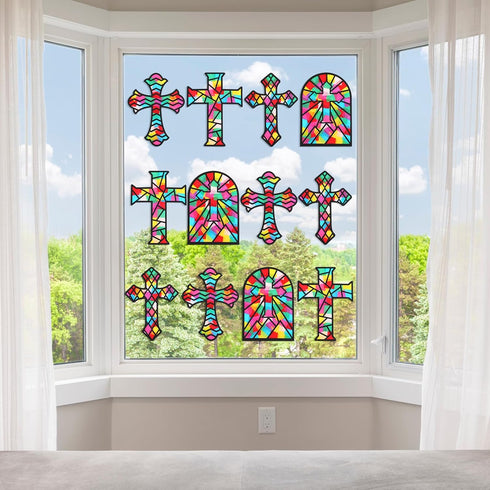 Yeaqee 24 Pack Cross DIY Suncatcher Paper Crafts Easter Crafts for Kids Religious Paper Suncatchers for Sunday School