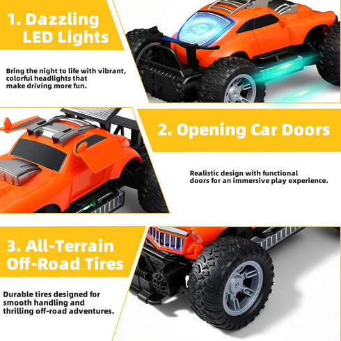 1:18 2.4GHz 80m 3+ Orange RC Truck with Colorful LED Lights Rechargeable Remote Control Car, Range, Remote-Opening