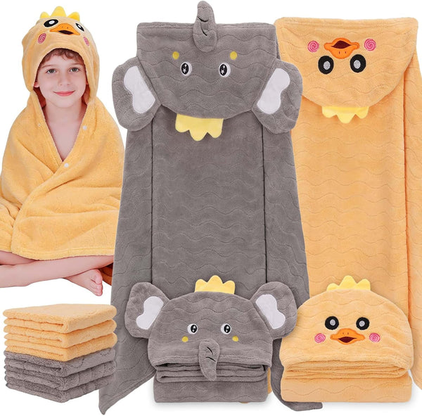 Flasoo 8 Pcs Toddler Towel Set, 2 Pcs Hooded Toddler Bath Towel,