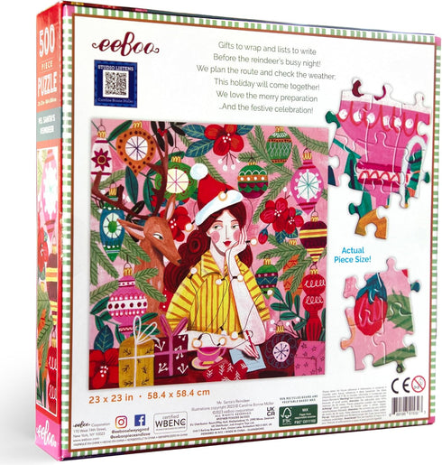 eeBoo Piece & Love: Ms. Santa's Reindeer 500 Piece Puzzle, Adult Square Jigsaw, Christmas Holiday Themed