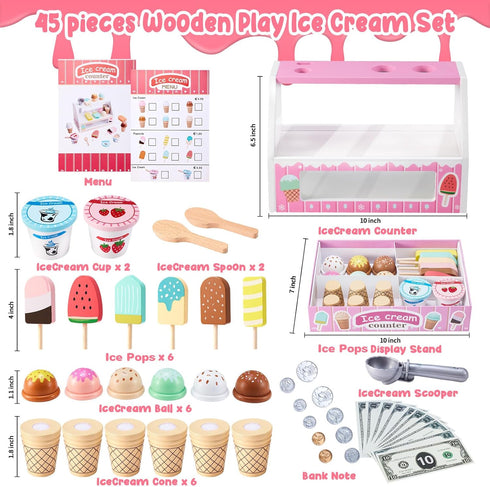 Counter Playset 3+ WHOHOLL Wooden Ice Cream for Toddler Girl Toys, Play Store Pretend Toy Food Play Kitchen Accessories