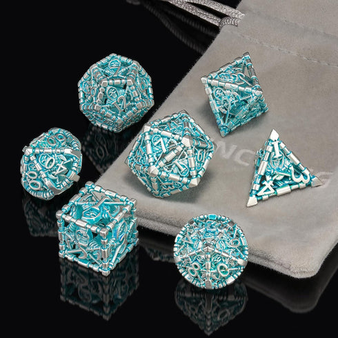 D&D Dice Set, Hollow Blue White Metal Grim Reaper Dice of 7 Piece, Polyhedral DND Dice for Table Game MTG or RPG