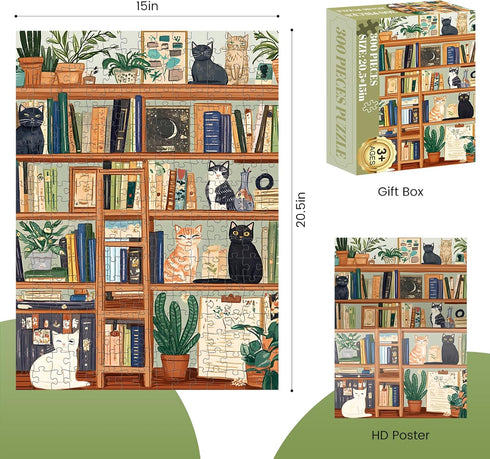 XAPAEG 300 Cozy 300 Piece Puzzles for Adults, Charming Cat Bookshelf Jigsaw Puzzle, and Relaxing Piece Puzzle, Perfect