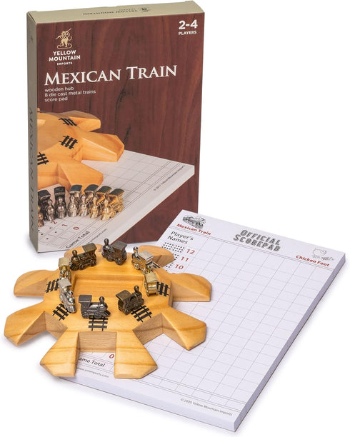 Yellow Mountain Imports Mexican Train Dominoes Accessory Set - 5.8-Inch Wooden Hub, Die-Cast Metal Markers, Scorepad