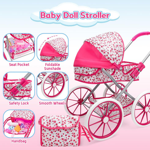 Set Playset 12" Stroller,2 Sets 3-7 deAO Baby Doll Stroller Baby Doll Accessories Pretend Play Toys with Baby