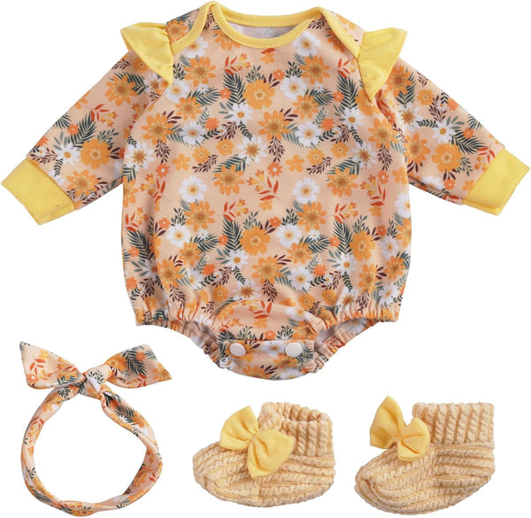 BABESIDE 3 Pcs Baby Doll Clothes for 17-22 Inch Dolls, Outfit Accessories with Floral Pattern for Newborn Girl, Yellow