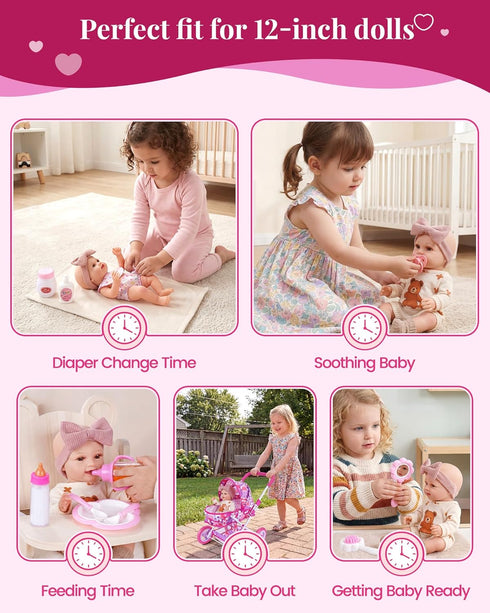 Set 1012 Inch 10-Piece 18-Inch BABESIDE Baby Doll Stroller for Dolls Only, Doll Stroller with Feeding & Care