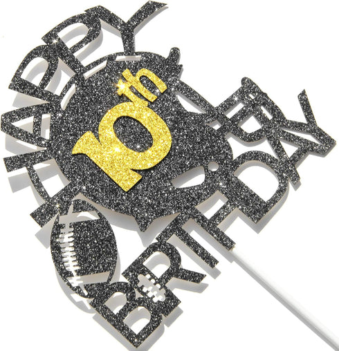 Black & Gold Glitter Football Happy 10th Birthday Cake Topper - Football Theme Party Decoration, 10th Birthday Party