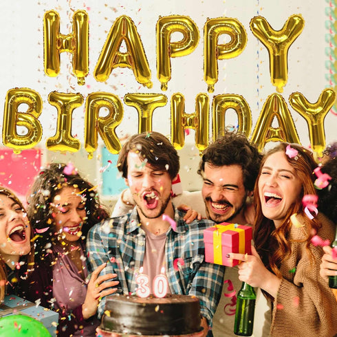 Gold Happy Birthday Balloons Banner, 16 Inch Mylar Foil Letters Sign, Reusable Balloons for Birthday Decorations Party