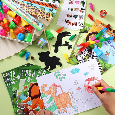 96Pcs Set BenLouis Jungle Safari Party Favors Zoo Animals Coloring Books Crayons Sticker Stampers Slap Bracelets Bulk