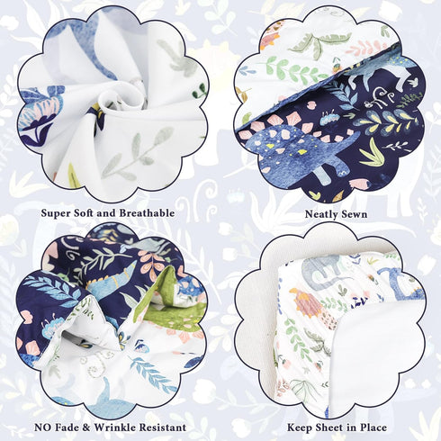 4 Set Set Set Pea Pod Piece Dinosaur Toddler Bedding for Boys, Premium Blue Toddler Comforter Crib Sheets Includes Flat