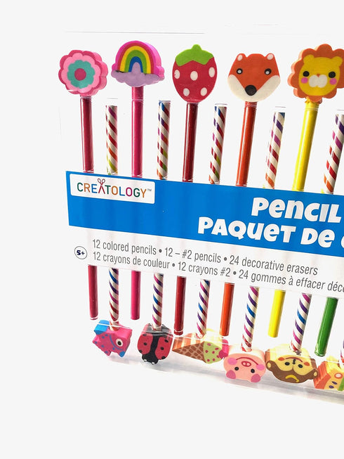 Creatology 48 Piece Pencil Party Pack! Includes 12 Colored Pencils, 12 No 2 Pencils, 24 Fun Shaped Erasers