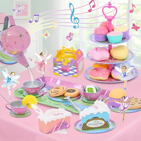 Set 3-5,53PCS Set 3-6 Tea Party for Toddles Musical Kids Tea for Little Girls with Dessert,Cookies,Doughnut,Cake,Cake