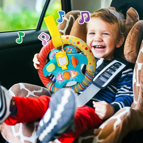 KiddoLab Steering Wheel Toy with Music, Lights, Sounds & Flip Up Mirror for Crib & Stroller