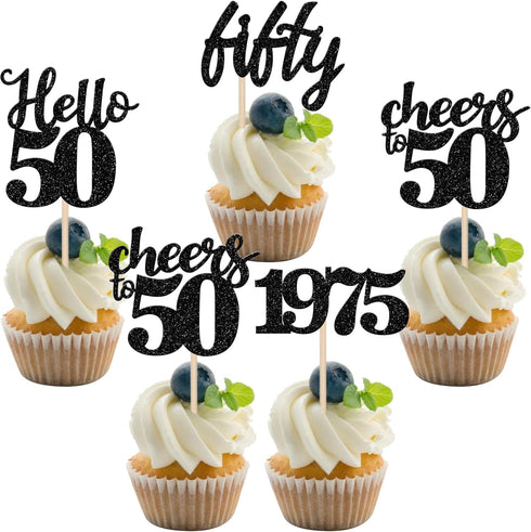 24 PCS Black 50th Birthday Cupcake Toppers, Glitter Hello 50 Cupcake Topper for 50th Birthday Party