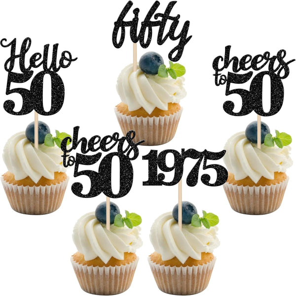 24 PCS Black 50th Birthday Cupcake Toppers, Glitter Hello 50 Cupcake Topper for 50th Birthday Party
