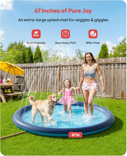 67" 0.52mm Summer QPAU Splash Pad with Flying Disc for Dogs & Kids Extra-Thick Non-Slip Sprinkler Pool, Leakproof Water