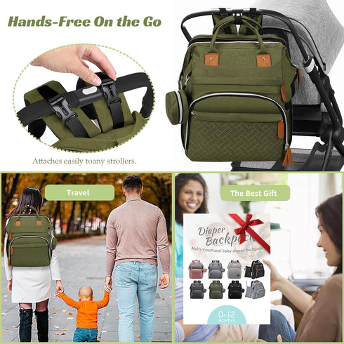 Backpack Diaper Bag for New Parents, Large Capacity Baby Travel Bag with Bottle Holders, Multiple Compartments (Green)