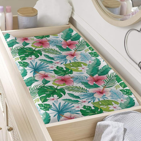 Lovely Tropical Hibiscus Diaper Changing Pad Cover, Retro Floral Changing Table Sheets for Girls Boys, Green