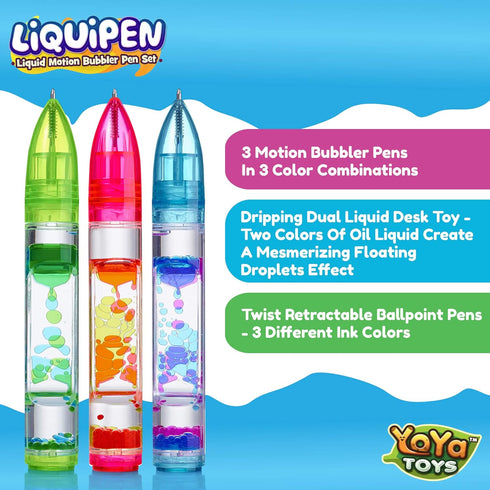 (3 Pack) 3 YoYa Toys Liquipen - Liquid Motion Bubbler Pen Toy - Colors - Colorful Timer Pens for Focus, Stress