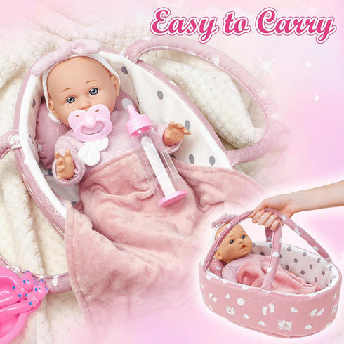 12" Set 13 3 4 5 6 Golray Soft Baby Doll with Accessories Bassinet Carrier, Pcs First Toddlers Realistic Baby Doll Crib