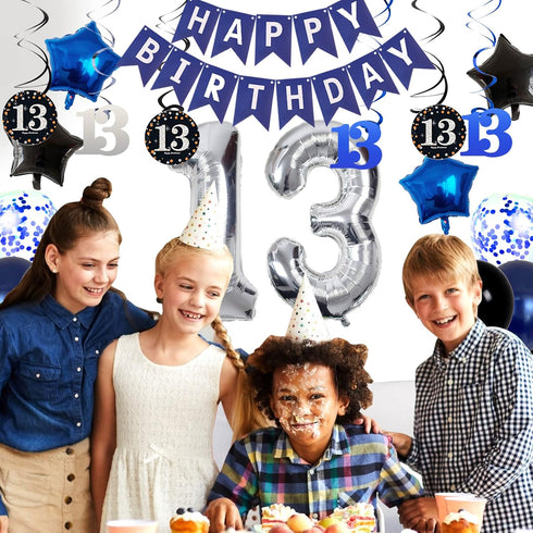 13th Birthday Decorations for Boys - Dark Blue HAPPY BIRTHDAY Banner and Silver Number 13 Balloons, Party Supplies