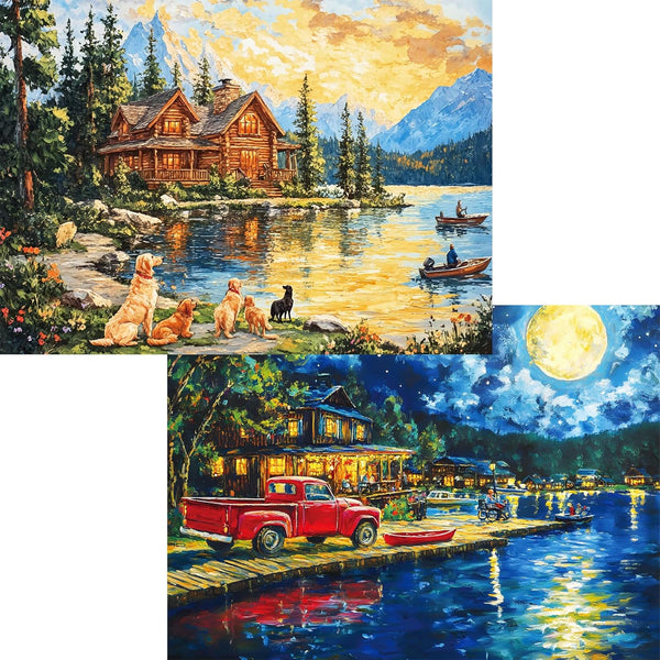 Puzzles for Adults 1000 Pieces, 2 Pack Lake Cabin and Moonlight Jigsaw