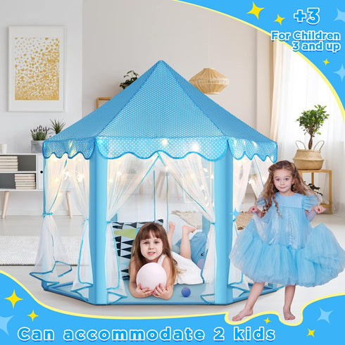 Monobeach Princess Tent for Girls - Large Playhouse Kids Castle Play Tent with Star Lights, Indoor Outdoor Games (Blue)