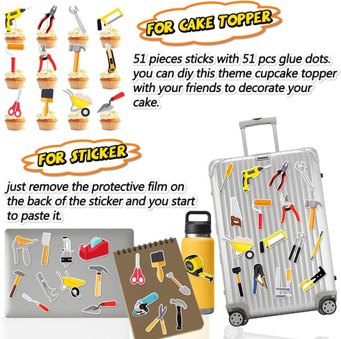 51 Pieces Tools Cupcake Toppers - Instrument Cake Decoration Tool Stickers (2 in 1) for Kids Girls 1st 2nd Birthday