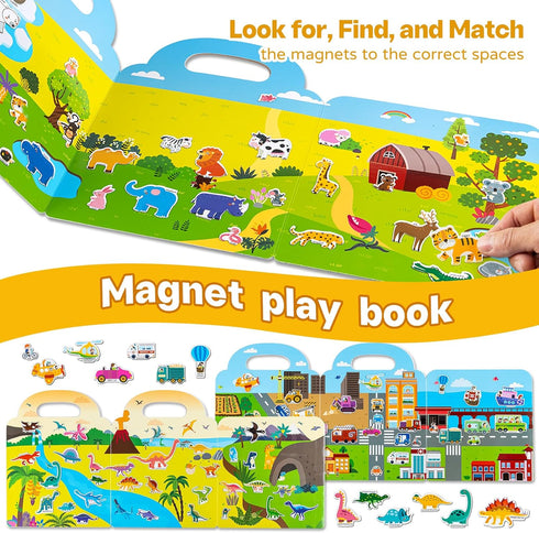 pinkking 3 Pack 3-6, 3 Magnetic Reusable Sticker Book for Kids Ages Vehicles, Farmhouse Animal, Dinosaur, Hot Topics