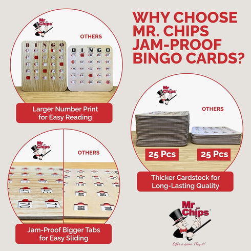 MR CHIPS Jam-Proof Fingertip Slide Bingo Cards with Sliding Windows - 25 Pack in Tan Style