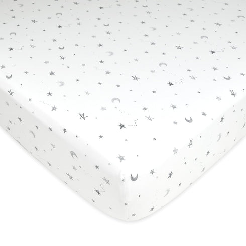 American Baby Company 100% Natural Cotton Fitted Crib Sheet - 52" x 28", Gray Stars and Moons for Toddler Beds