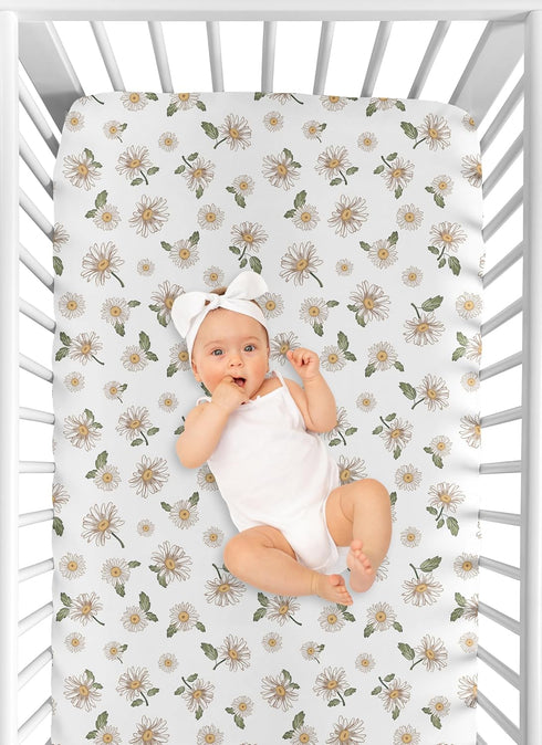 Sweet Jojo Designs Fitted Baby Crib Sheets (Vintage Daisy Floral) for Girls, Infant Nursery, Toddler Room - Standard