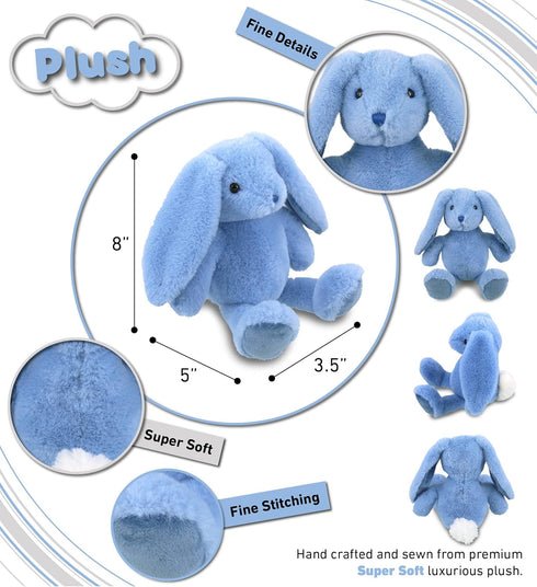 DolliBu Baby Blue Rabbit Plush - Super Soft Bunny Stuffed Animal, Cute Farm Life Gift for Baby, Kids, Adults - 8 Inches