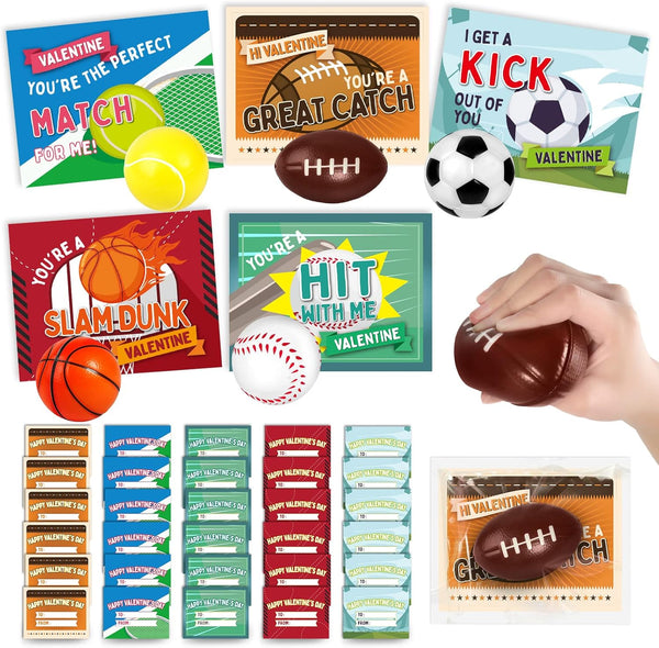 OCHIDO 30Pcs Valentine's Greeting Cards With Sports Squeeze Balls Kits,Kids Valentine Cards