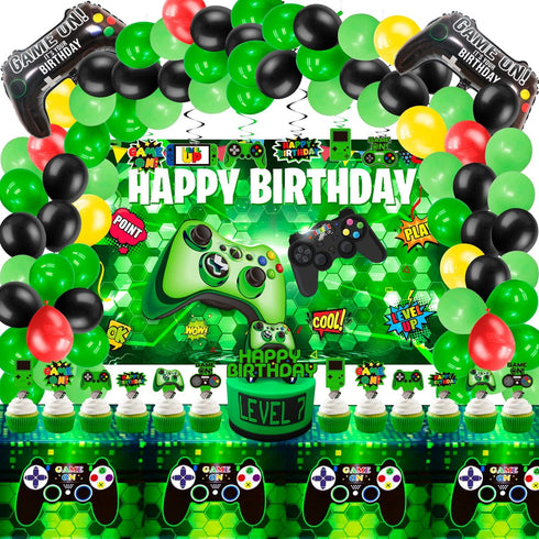 108Pcs Video Game Birthday Party Decorations - Green Gamer Supplies, Backdrop, Table Cover, Cupcake Topper, Balloon