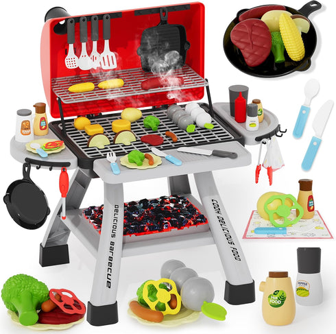 Toy BBQ Grill Set for Kids, Kitchen Toy Set with Smoke, Sound & Light for Outdoor Cooking Play