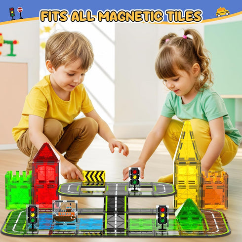 Set, 3+Year HarworLife Magnetic Tiles Road Magnetic Building Blocks for Kids Ages Old, Montessori Educational Magnet