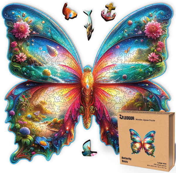 LEOGOR Wooden Puzzles for Adults - Butterfly Oasis - Large 350 Piece (16.1 x 15.1 in) Wood Jigsaws