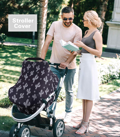 Metplus Baby Car Seat Cover - Infant Canopy Nursing Breastfeeding Cover for Stroller/Shopping Cart - Black Cactus