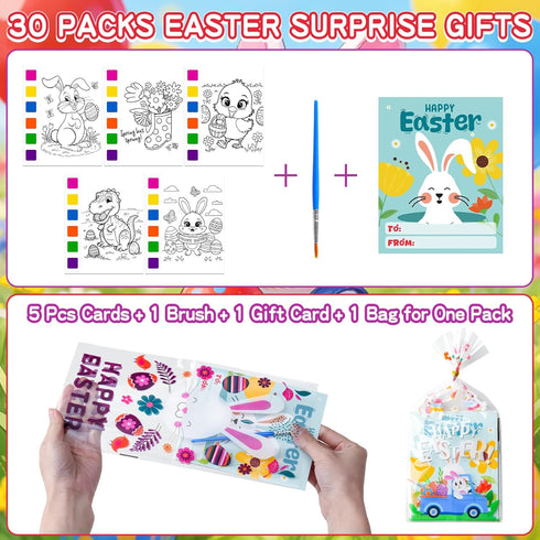 Rotu 30 Packs(274Pcs) Easter Basket Stuffers Essentials Mess Free Watercolor Coloring Books with Easter Cards for Kids
