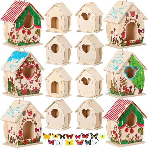 Outus 24 4 Pcs Wooden DIY Birdhouse Kits for Kids to Build, Shapes Birdhouse Kit Wooden Unfinished with Butterfly