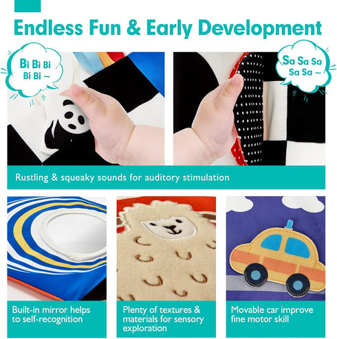 Baby Toys 0-6 Months, High Contrast Newborn Toys, Tummy Time Books with Crinkle, Squeaky Sounds
