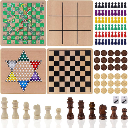 5-in-1 2 Glintoper Wooden Board Game with Reversible Boards for Chess, Checkers, Chinese Checkers, Snakes and Ladders
