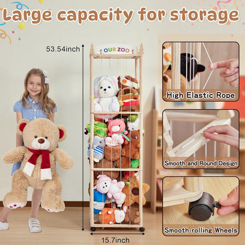 54" Stuffed Animals Storage with Wheels, Rolling Toy Organizer, Stuffed Animal Zoo Storage, Space Save Plushie Holder