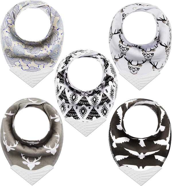 Giftty Baby Bandana Bibs with Teething Corner, BPA-Free Silicone Teether and Adjustable Snap for Baby Boys, (Black