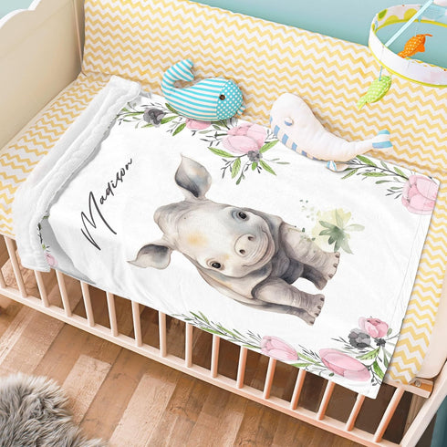 Novusopt Personalized Baby Rhinoceros Floral Blanket with Name for Newborn Toddler Girl, Soft Plush Nursery Receiving