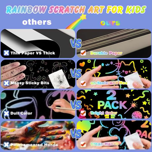 VVSBPL 2 Pack 3-10 Scratch Art Crafts Kit for Kids Rainbow Scratch Paper Notebooks with Wooden Styluses and Drawing