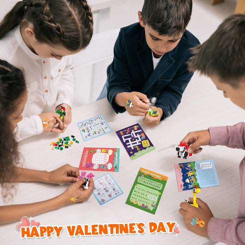 Valentines Day Gifts for Kids Classroom, 28 Packs Animal Building Blocks with Cards and Stickers for School Party Favors