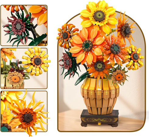 Set 12+, 1180PCS PLAXSOON Sunflower Building with Lights Vase Base, Flowers Botanical Collection Building Block